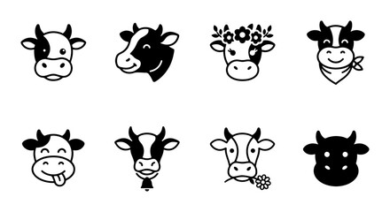 Obraz premium Cute Cow Icons Set, Farm Animal Vector Graphics, Whimsical Livestock Emblems, Farmhouse Style Illustrations