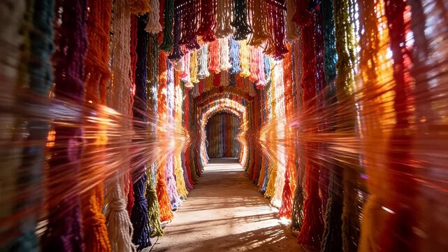 Colorful string art installation creating rainbow corridor with sunlight and shadows