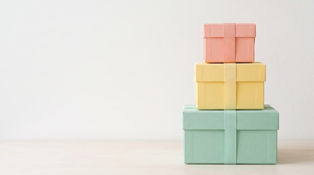 Stack of three pastel colored gift boxes with ribbons on wooden table against white background, representing birthday present, holiday surprise, or special occasion.