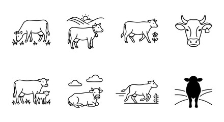 Obraz premium Farm Cow Icons Set, Livestock Vector Graphics, Agricultural Animal Illustrations