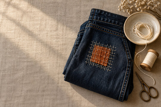 Visible mending on denim with sewing tools and linen background