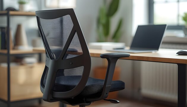 Modern black mesh office chair positioned at a wooden desk in a home office