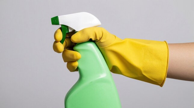 Hand wearing yellow glove holds green spray bottle against grey backdrop. Ready for cleaning household surfaces. Disinfection and hygiene preparation. Essential cleaning tool.