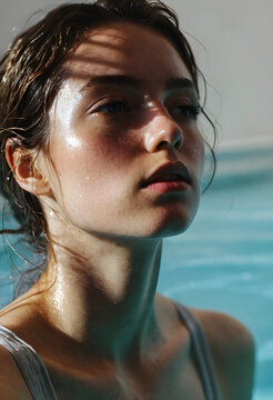 Skincare and natural beauty, young woman with glowing skin and wet hair in swimming pool, summer wellness and hydration for cosmetic campaign