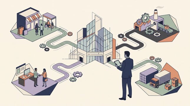 Isometric business diagram showing centralized headquarters connecting to retail manufacturing office and logistics distribution sectors with clean professional vector lines