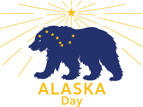 Alaska Day Celebration Vector Illustration Featuring Blue Grizzly Bear Silhouette with State Flag Design, North Star, and Big Dipper Stars for Patriotic Travel and Tourism Graphic.