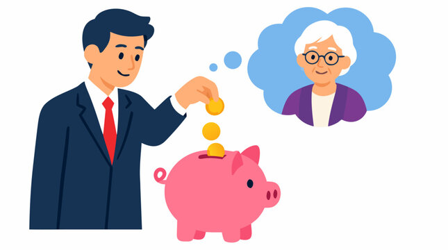 Businessman dropping coins into pink piggy bank with thought bubble showing elderly grandmother, saving money for retirement care concept, flat bold vector illustration detailed commercial stock