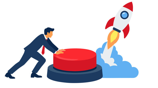 Businessman pushing giant red launch button with rocket soaring upward, startup launch concept, new business venture success, entrepreneurship flat vector illustration -