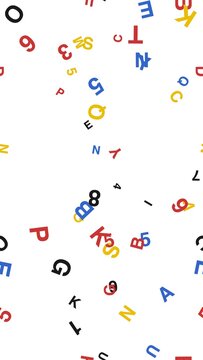 pattern typo vertical Colorful Scattered Letters and Numbers Floating Randomly on White Background Seamless Pattern