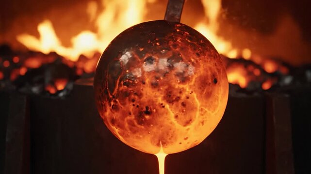 Bright molten copper glowing in a high temperature industrial forge during metal smelting and refining process.
