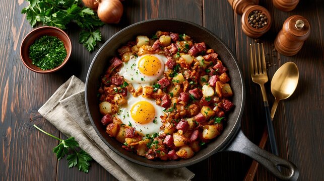 Corned beef hash with fried eggs in a cast iron skillet on a rustic wooden table