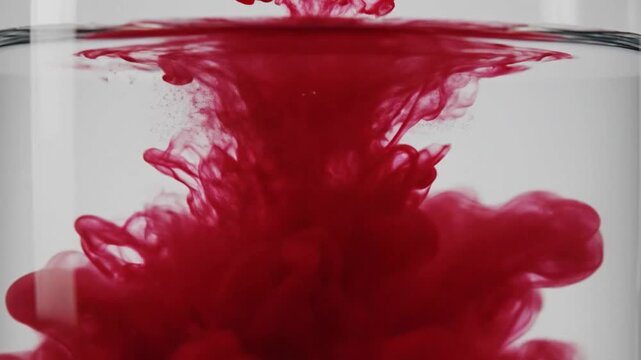 Crimson ink droplet swirling and diffusing inside a clear glass container filled with pure water.