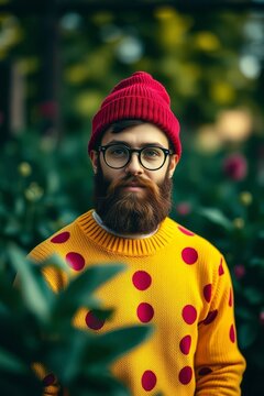 Hipster Man with Large Beard Wearing Red Beanie and Polka Dot Sweater
