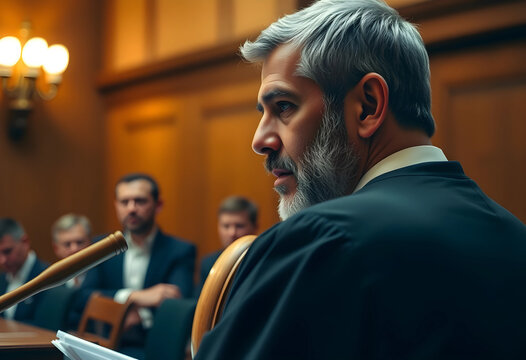 Justice and legal system, judge presiding over a courtroom trial with lawyers and jury in the background during a formal judicial proceeding