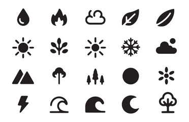 Obraz premium Minimalist solid nature icons featuring trees moon stars mountains sun waves and weather symbols.