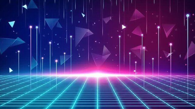 Abstract retro 80s synthwave neon grid background. Futuristic floating geometric triangles and particle lights. Cyberpunk horizon stage display animation.   