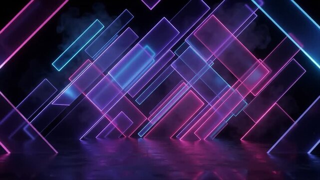 Abstract neon glowing geometric lines background. Futuristic purple blue light banner. Cyberpunk laser display stage.