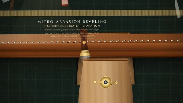 Animated technical breakdown of luxury leather edge painting process, illustrating micro abrasion beveling, polymer lacquer application, and thermal compaction glazing of calfskin