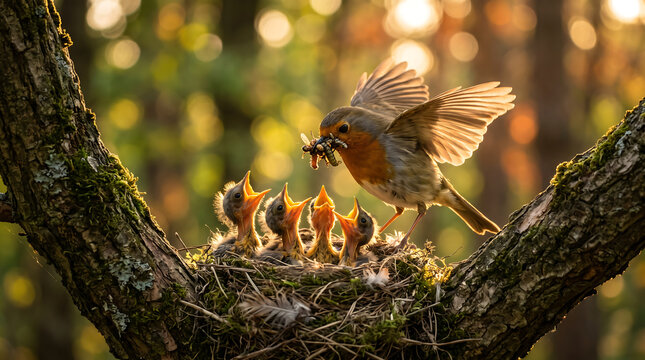 European Robin feeding hungry chicks in a nest on a tree branch