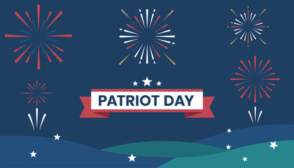 Obraz premium Patriot Day celebration graphic with colourful fireworks and stars on a dark blue background with decorative text ribbon.