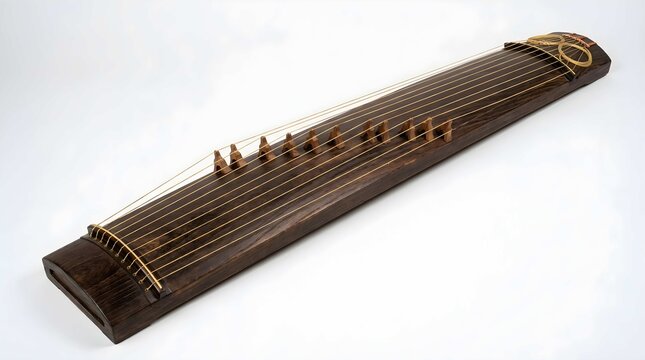 Traditional Asian Wooden Zither Plucked String Musical Instrument Isolated on White Background