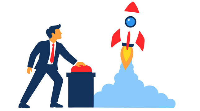 Businessman in blue suit pressing red launch button as rocket takes off, startup concept, bold flat vector illustration with blue smoke on clean white background - detailed commercial stock imagery