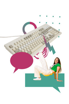 Exclusive image vertical photo collage of happy hipster girl business worker push qwerty keypad bubble speech communication lightning