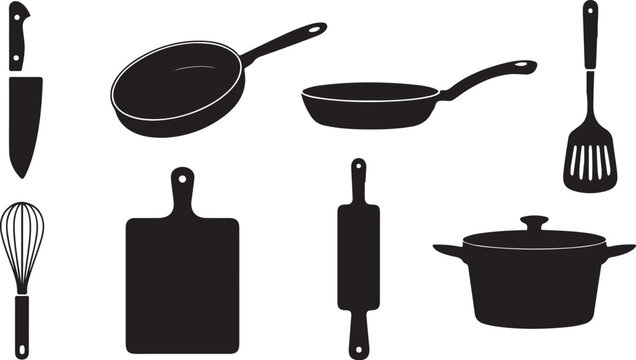 Black kitchen utensil silhouettes set, professional culinary equipment icons, 8 cooking tool vector elements for restaurant menus and food blogs
