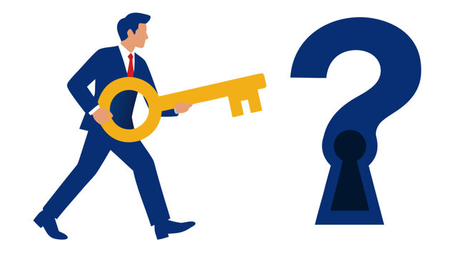 Corporate businessman in blue suit carrying large golden key walking toward oversized question mark keyhole, minimal flat vector illustration representing business problem solving and finding answers