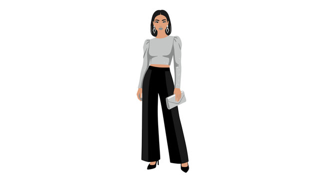Mulher elegante em cal&ccedil;a preta larga e blusa prateada com mangas bufantes segurando uma bolsa de embreagem