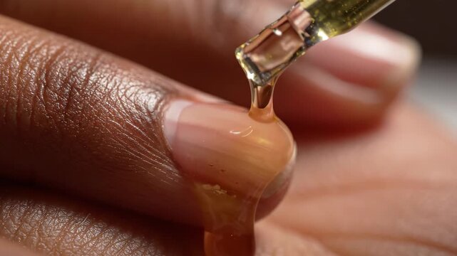 Macro shot of glass pipette dispensing golden nourishing cuticle oil onto nail bed matrix for luxury hand care and nail hydration treatment routine