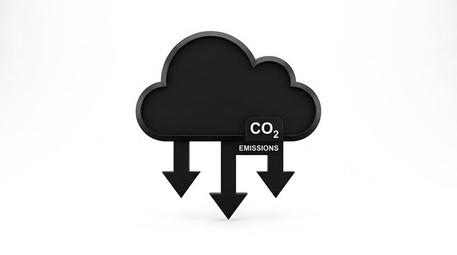 3D black cloud icon with CO2 emissions text and downward arrows representing carbon footprint reduction and climate action