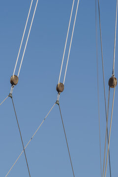 Pulleys and ropes on sailing ship