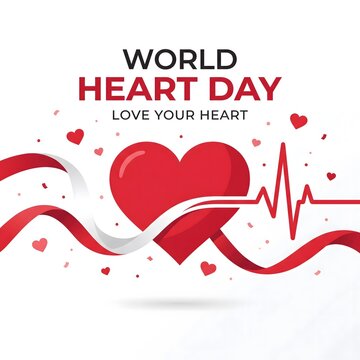World heart day typographic design with red heart and flowing ribbon for awareness celebrations.