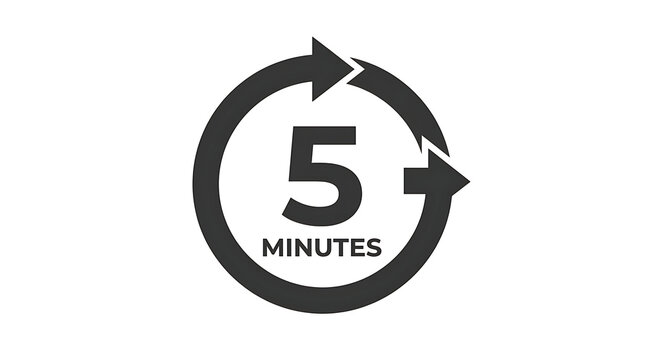 Black and white 5 minutes timer icon with a circular arrow for time limits, cooking instructions, and workout durations