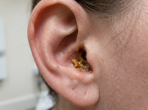 Detailed medical visualization of a human ear presenting substantial cerumen impaction, with accumulated dark, hardened earwax partially blocking the ear canal