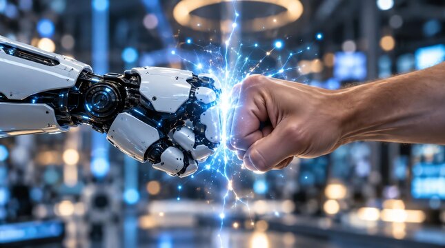 Close up of futuristic robotic arm and human arm bumping fists, accompanied by electric sparks and digital network lines.