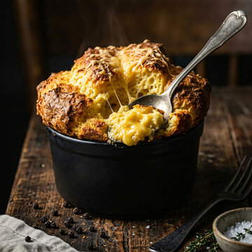 Freshly baked hot cheese souffle in a black ramekin on a rustic wooden table.