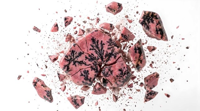 Broken pink rhodonite stone with black dendritic patterns exploding on white background