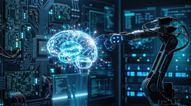 Futuristic robotic arm touching glowing digital brain hologram representing artificial intelligence and machine learning technology, set against complex circuit board server background.