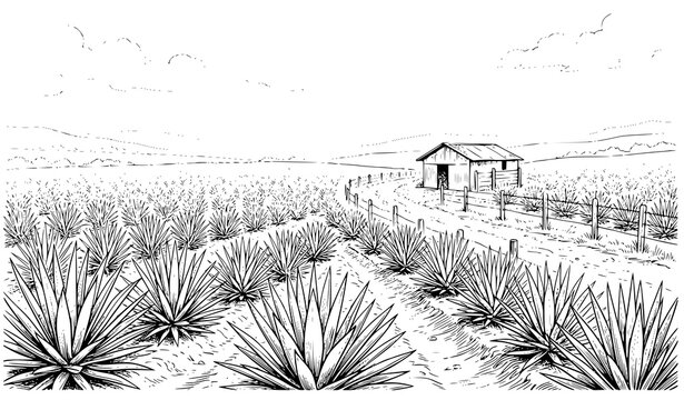 Hand drawn agave field landscape with farmhouse and rows of plants black and white sketch vector illustration