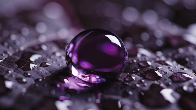 Macro photography of an amethyst purple water droplet resting on a wet dark leaf surface with soft bokeh background.