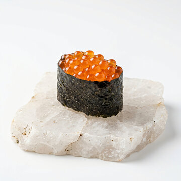 A single piece of salmon roe sushi gunkan served on a white stone plate.