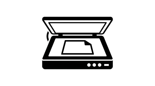 Minimalist black and white scanner icon representing document digitization office equipment and data management technology