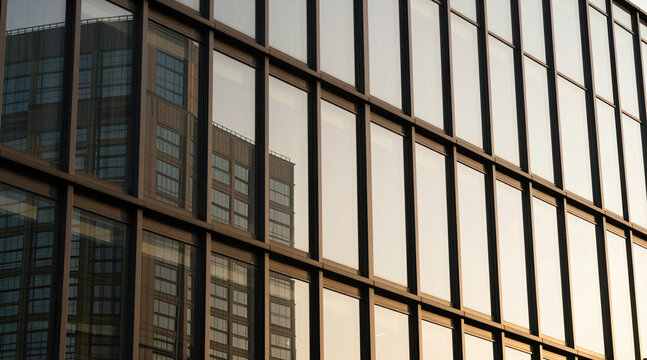 Modern Business Center Glass Facade with Warm Sunlight and City Reflections. Modern Office Building Glass Facade in Warm Late Afternoon Sunlight with Geometric Shadows