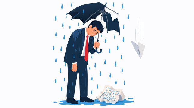 Exhausted defeated businessman standing under broken torn umbrella in heavy rain with falling paper airplane and crumpled failed plans on wet ground - professional high detailed commercial stock