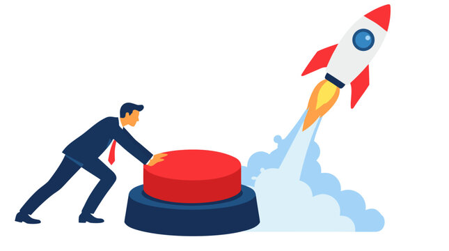 Businessman Pushing Giant Red Launch Button with Rocket Soaring Upward Startup Launch New Business Venture Concept Vector Illustration Flat Design Entrepreneurship - detailed commercial stock