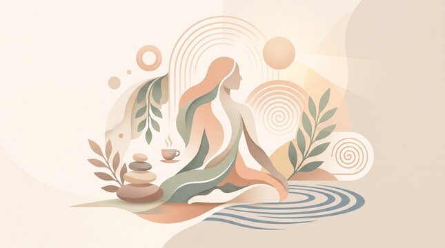 Elegant minimalist vector illustration of a mindful wellness and self-care concept, featuring a serene woman meditating in a flowing abstract pose, surrounded by organic leaves, smooth stones.