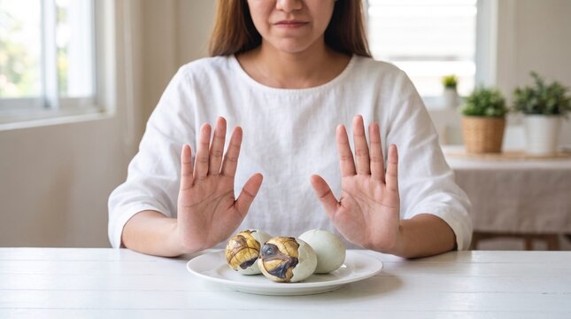 A young Asian woman showing disgust and making a stop gesture towards a plate of balut eggs on a white table.