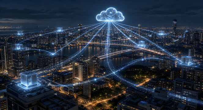 Cloud computing technology connecting smart city buildings network at night